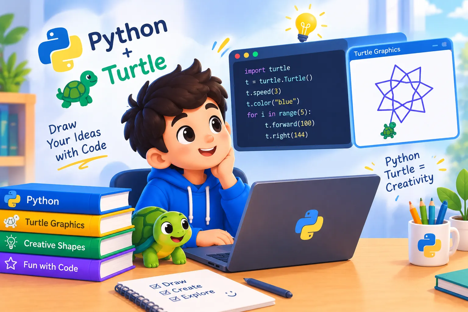 تصویر آموزش رسم شکلهای رنگارنگ و الگوهای هندسی با Python و Turtle برای کودکان و نوجوانان
